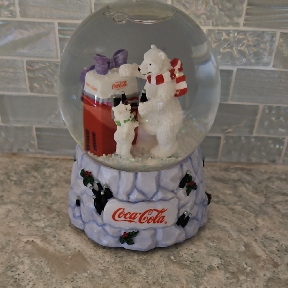 Coca-Cola Holiday Polar Bear Snow Globe in White, Red & Purple